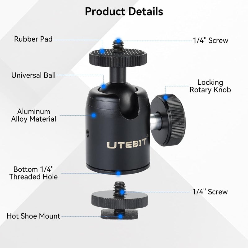 UTEBIT Mini Ball Head with 1/4" hot Shoe, 360° Rotatable Ball Heads Camera Mount Adapter (24mm Ball Head) - Image 5